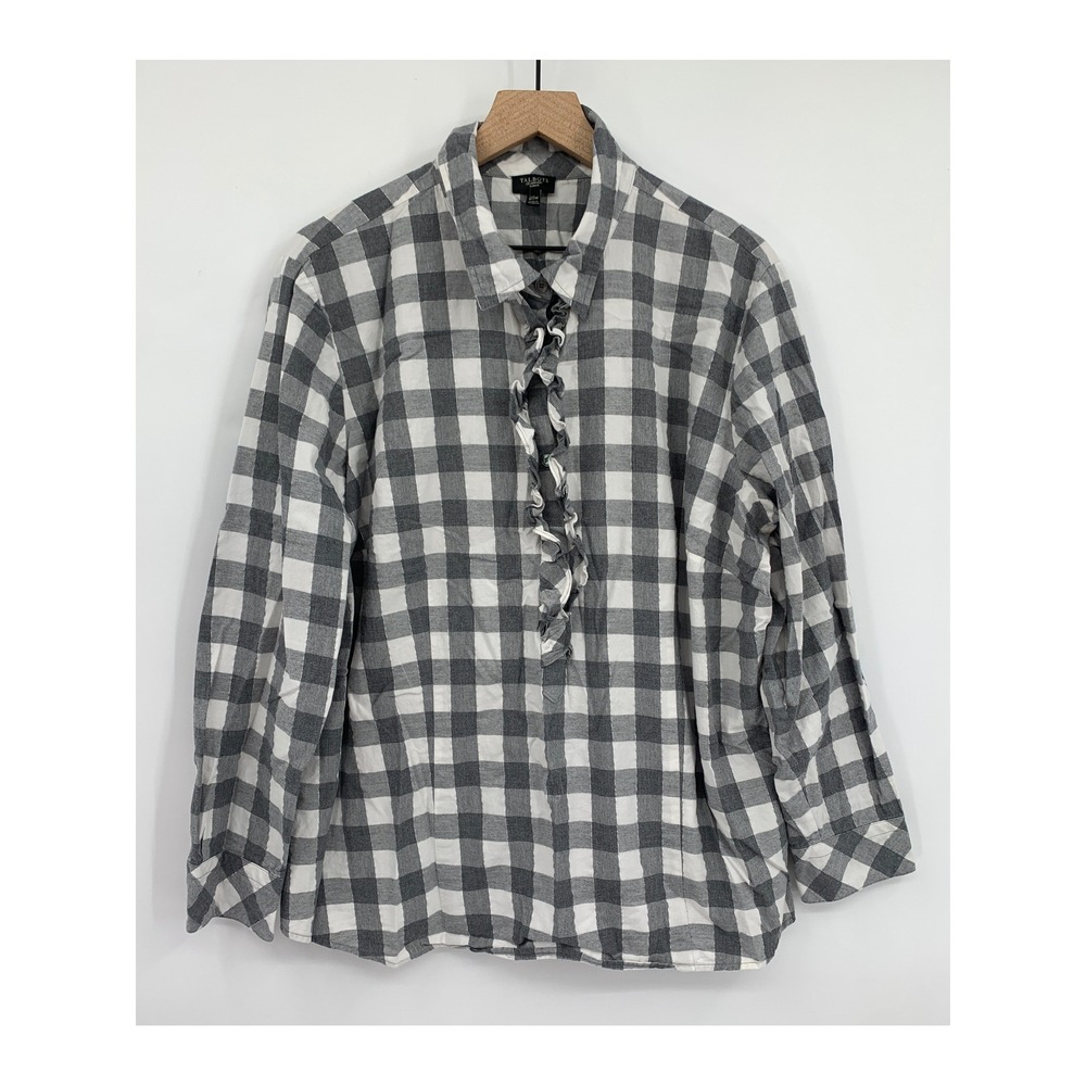 Talbots Shirt Womens 20W Gray Gingham Ruffle Silver Sparkle Long Sleeve Popover